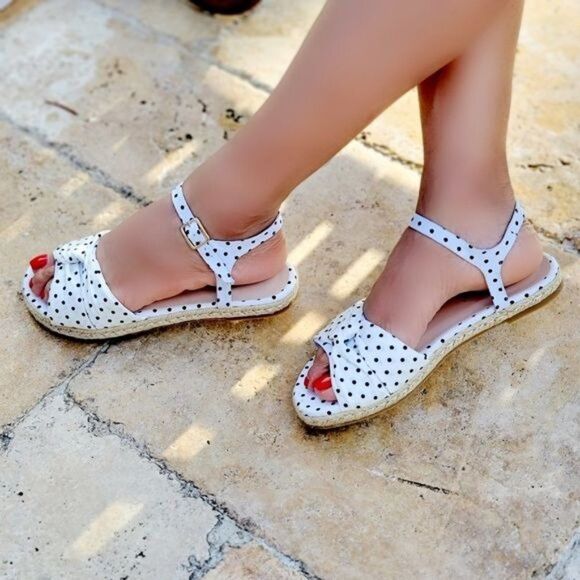 Shoes - Women's Espadrille Open Toe Polkadot Ankle Strap Flat Sandals White Color